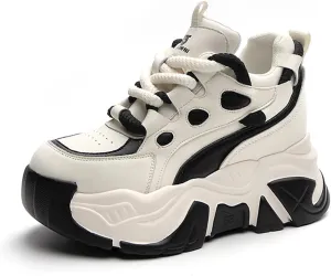 Women's Fashion Leather Chunky Platform Sneakers,Lace Up Winter Fur Lined Stylish Comfortable Wedge Walking Dad Shoes Sneakers