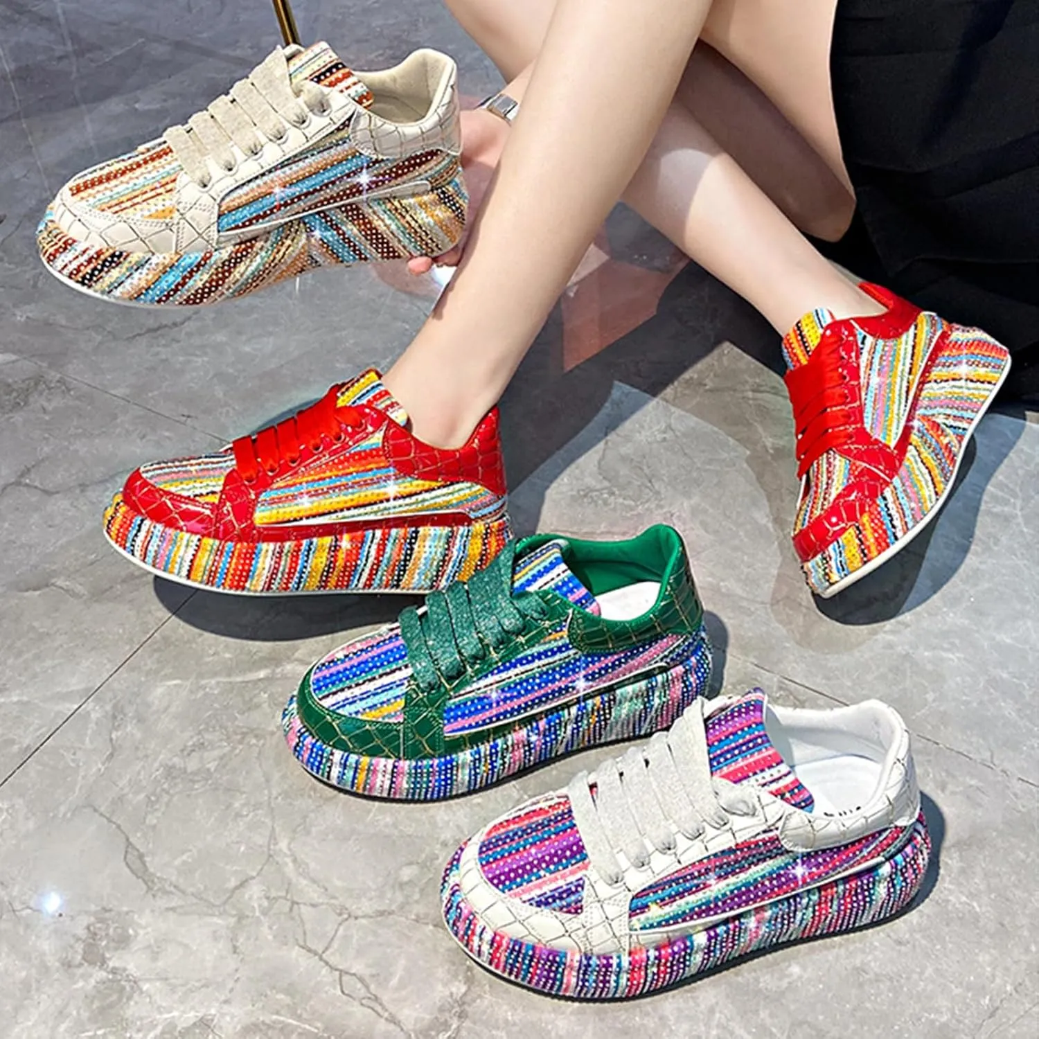 Women's Platform Glitter Sneakers, Women's Platform Colorful Fashion Sneakers Retro Colorblock Stylish Cute Chunky Dad Walking Shoes, Sparkly Bling Women's Chunky Rhinestone Sneak