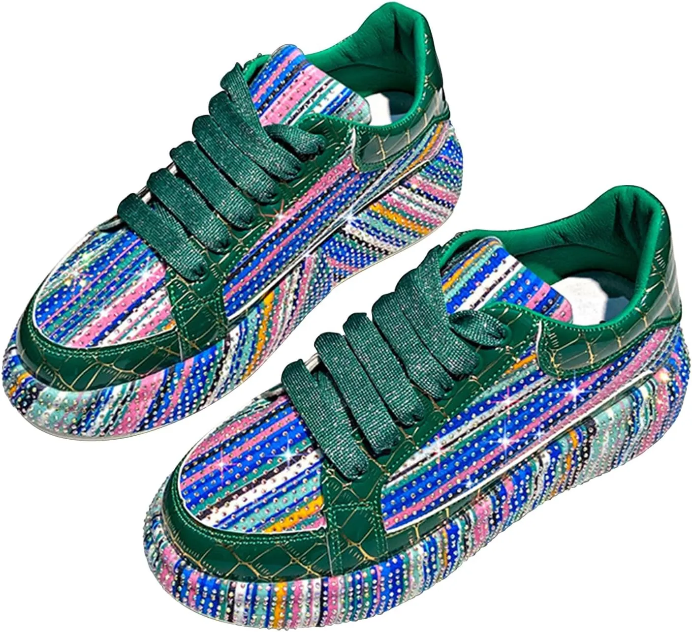 Women's Platform Glitter Sneakers, Women's Platform Colorful Fashion Sneakers Retro Colorblock Stylish Cute Chunky Dad Walking Shoes, Sparkly Bling Women's Chunky Rhinestone Sneak