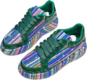 Women's Platform Glitter Sneakers, Women's Platform Colorful Fashion Sneakers Retro Colorblock Stylish Cute Chunky Dad Walking Shoes, Sparkly Bling Women's Chunky Rhinestone Sneak