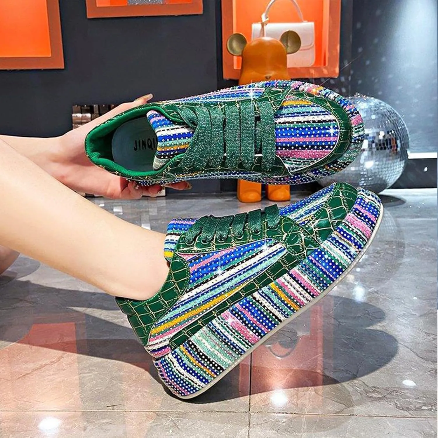 Women's Platform Glitter Sneakers, Women's Platform Colorful Fashion Sneakers Retro Colorblock Stylish Cute Chunky Dad Walking Shoes, Sparkly Bling Women's Chunky Rhinestone Sneak