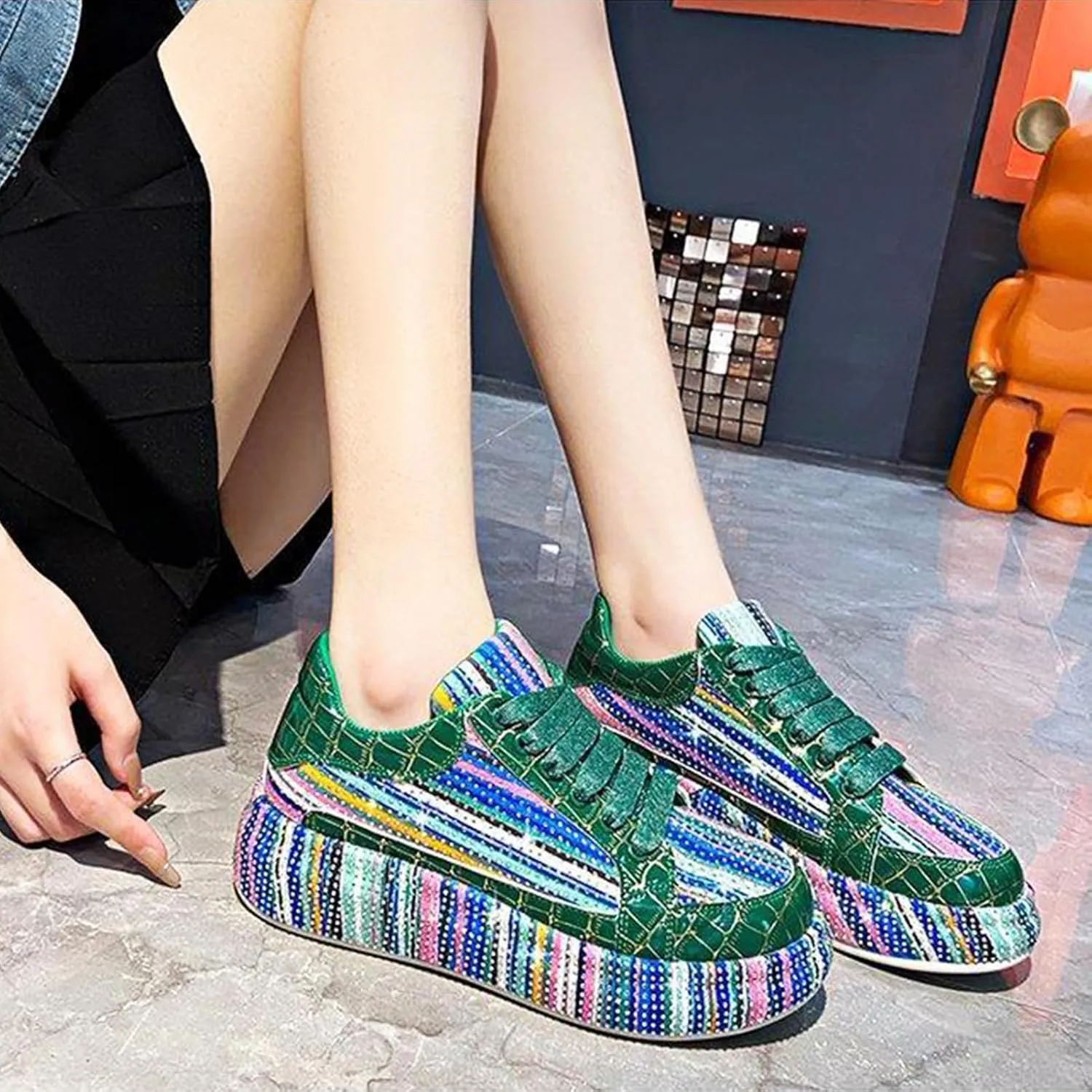 Women's Platform Glitter Sneakers, Women's Platform Colorful Fashion Sneakers Retro Colorblock Stylish Cute Chunky Dad Walking Shoes, Sparkly Bling Women's Chunky Rhinestone Sneak