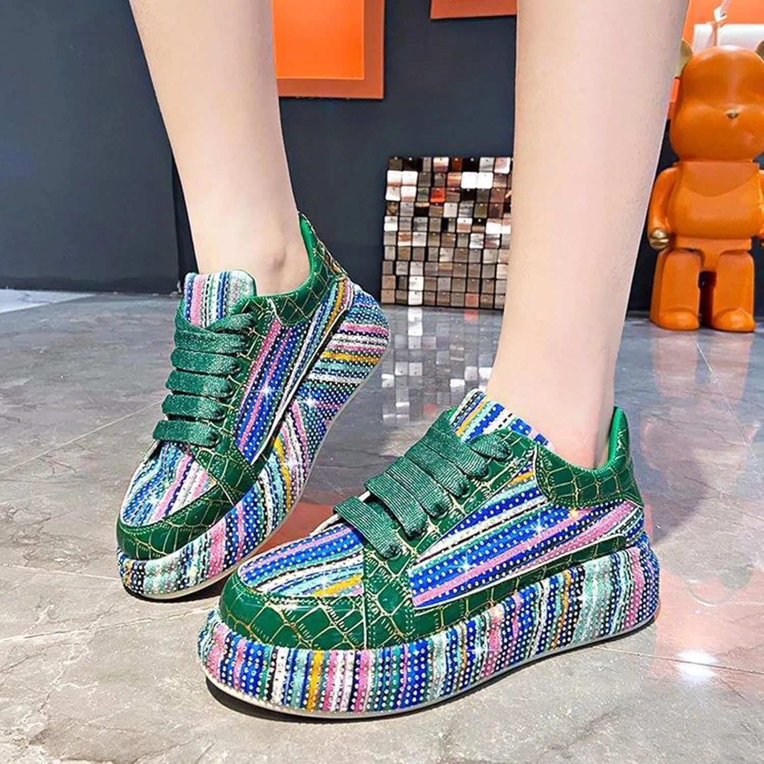 Women's Platform Glitter Sneakers, Women's Platform Colorful Fashion Sneakers Retro Colorblock Stylish Cute Chunky Dad Walking Shoes, Sparkly Bling Women's Chunky Rhinestone Sneak