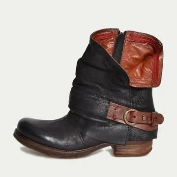 Women's Retro Belt Buckle Side Zipper Boots