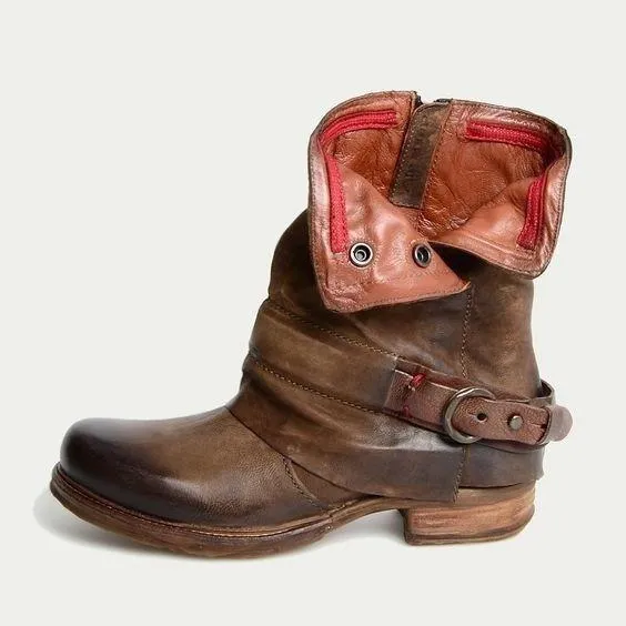 Women's Retro Belt Buckle Side Zipper Boots