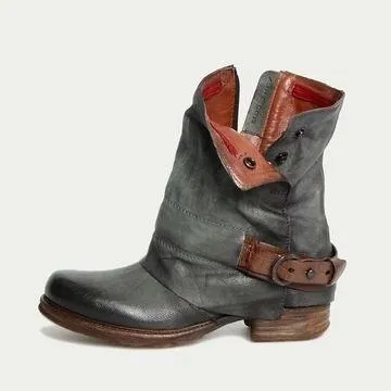 Women's Retro Belt Buckle Side Zipper Boots
