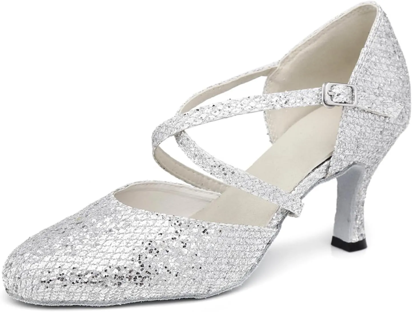 Women's Stylish Closed-Toe Synthetic Glitter Material Ballroom Tango Party Wedding Practice Professional Dance Shoes L342 Silver US 7