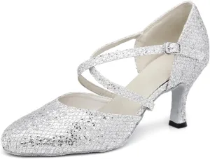 Women's Stylish Closed-Toe Synthetic Glitter Material Ballroom Tango Party Wedding Practice Professional Dance Shoes L342 Silver US 7