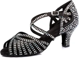 Women's Stylish Sparkle Rhinestones Peep Toe Satin Ballroom Jazz Tango Modern Party Wedding Professional Dance Shoes Black US 8