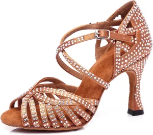 Women's Stylish Sparkle Rhinestones Peep Toe Satin Ballroom Jazz Tango Modern Party Wedding Professional Dance Shoes Bronze US 5.5