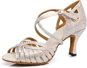 Women's Stylish Sparkle Rhinestones Peep Toe Satin Ballroom Jazz Tango Modern Party Wedding Professional Dance Shoes Nude US 9