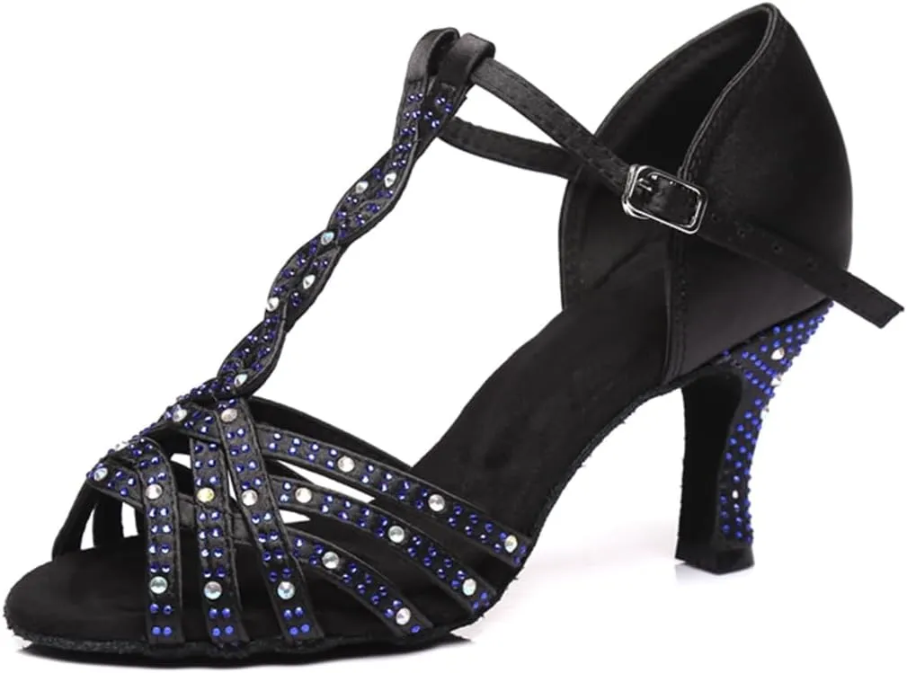 Women's Stylish Sparkle Rhinestones Peep Toe Satin Ballroom Modern Tango Party Wedding Practice Performence Dance Shoes Black US 10