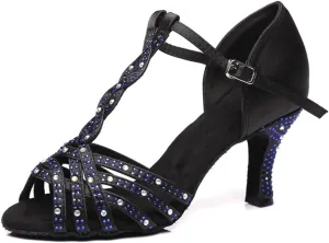 Women's Stylish Sparkle Rhinestones Peep Toe Satin Ballroom Modern Tango Party Wedding Practice Performence Dance Shoes Black US 10