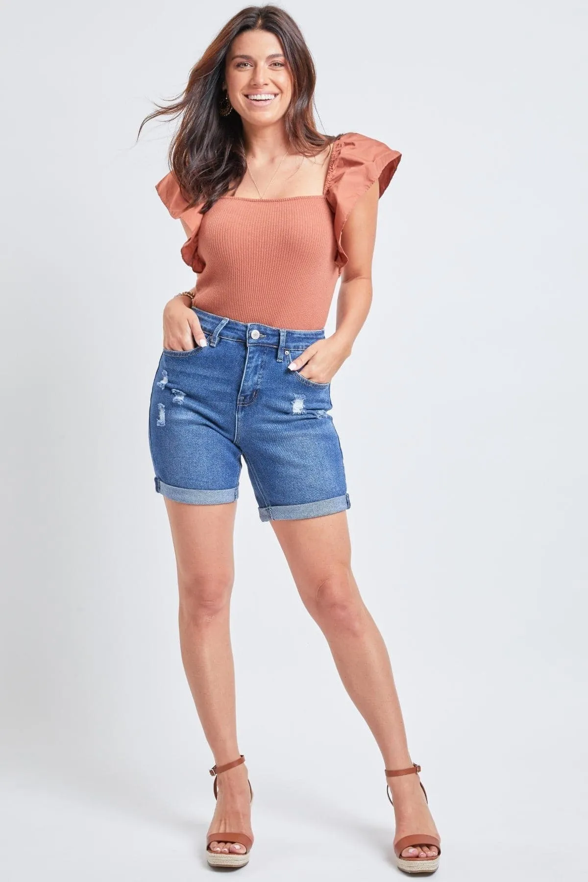 Women's Vintage High Rise 7" Inseam Roll Cuff Shorts with Lycra