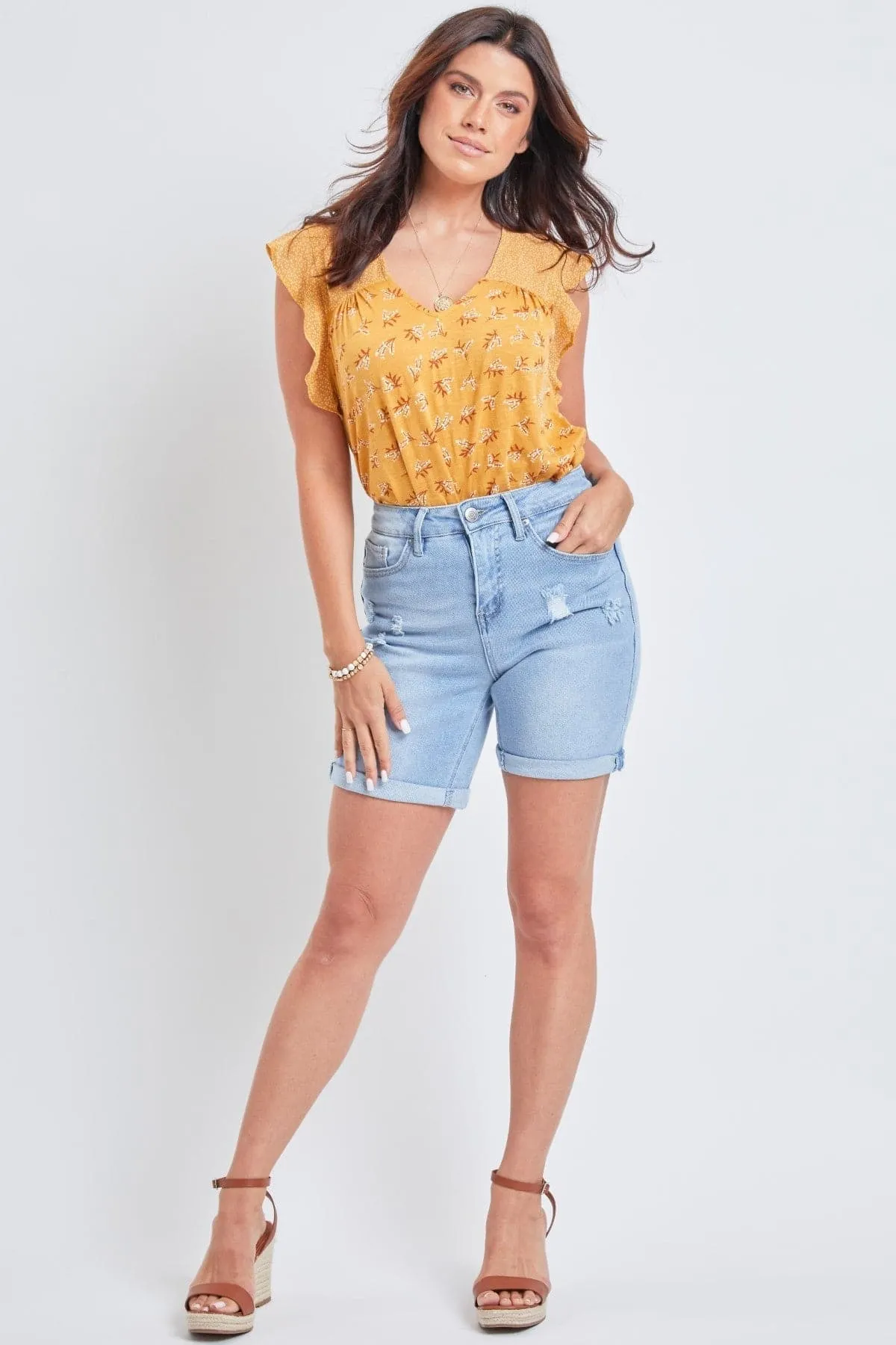 Women's Vintage High Rise 7" Inseam Roll Cuff Shorts with Lycra