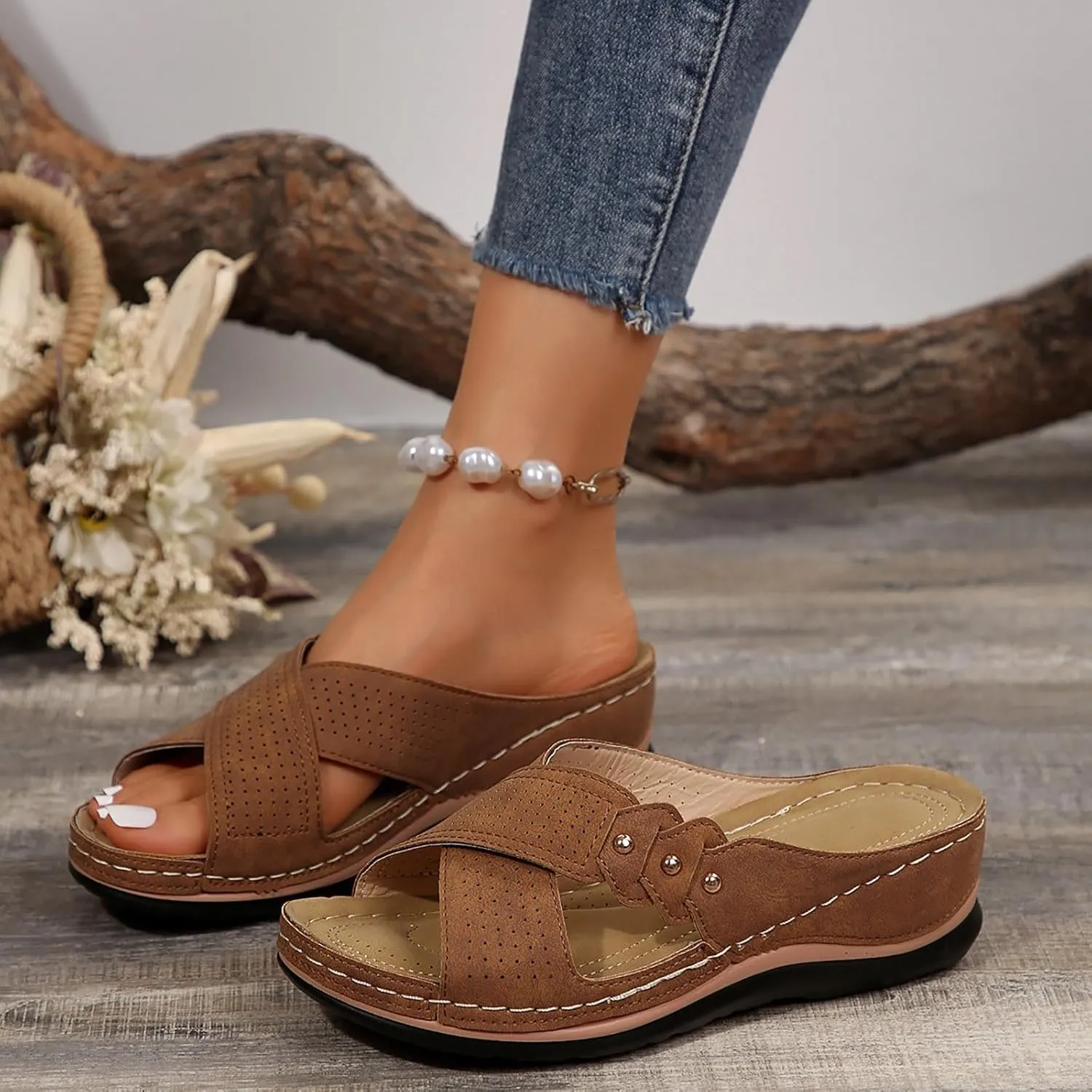 Womens Wedge Sandals Dressy Cross Strap Flowers Slide Platform Sandals Casual Arch Support Slippers Slip On Shoes