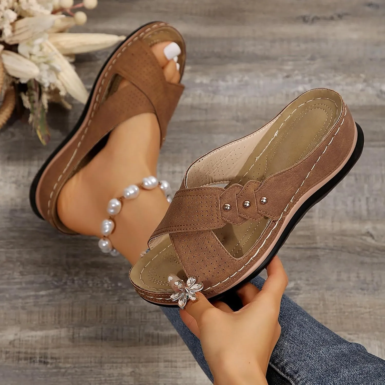 Womens Wedge Sandals Dressy Cross Strap Flowers Slide Platform Sandals Casual Arch Support Slippers Slip On Shoes