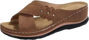 Womens Wedge Sandals Dressy Cross Strap Flowers Slide Platform Sandals Casual Arch Support Slippers Slip On Shoes