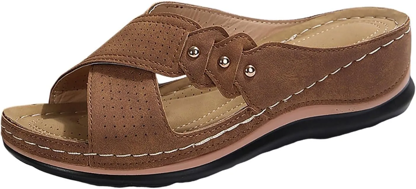 Womens Wedge Sandals Dressy Cross Strap Flowers Slide Platform Sandals Casual Arch Support Slippers Slip On Shoes