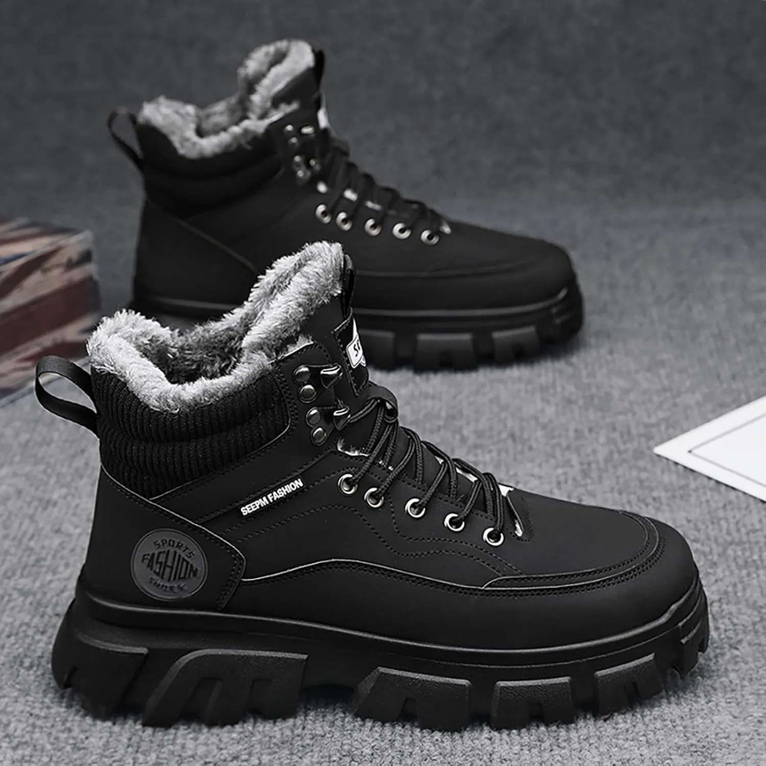 Work Boots for Men Waterproof Hiking Sneakers Warm Fur Lined Workout Shoes for Women Nonslip Lightweight Outdoor Botas Mid Ankle Work Casual Hike Grounded Footwear