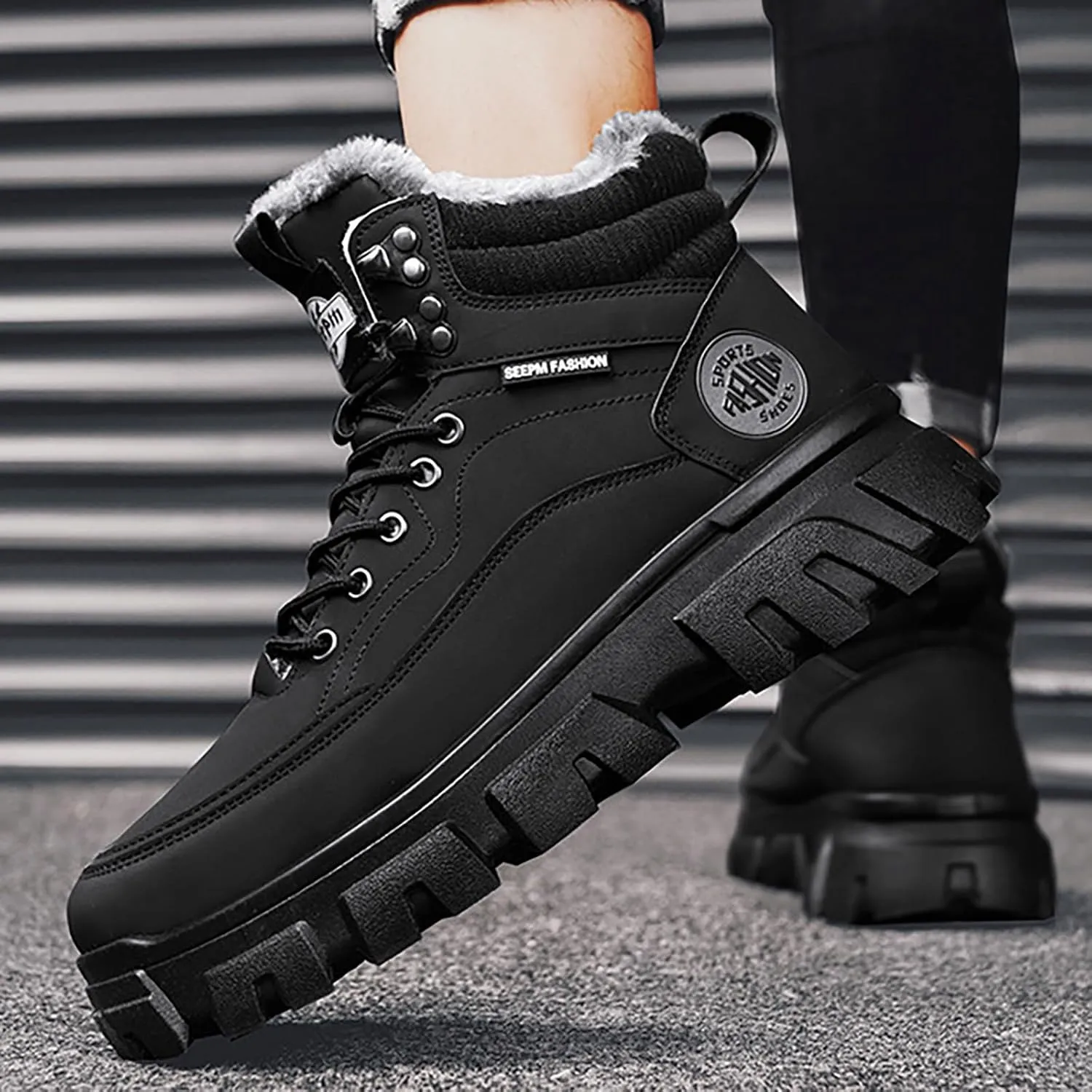 Work Boots for Men Waterproof Hiking Sneakers Warm Fur Lined Workout Shoes for Women Nonslip Lightweight Outdoor Botas Mid Ankle Work Casual Hike Grounded Footwear